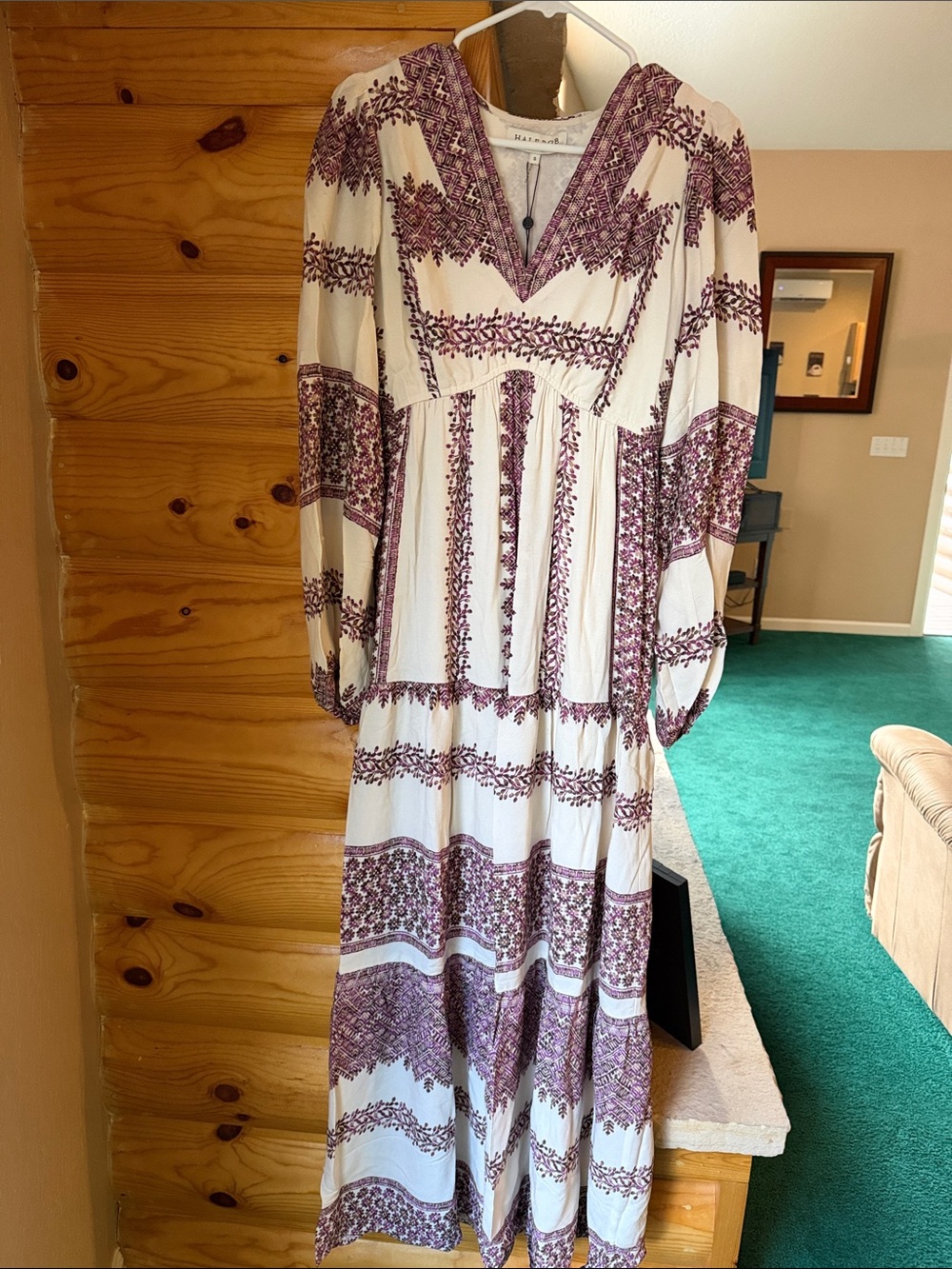 Hale Bob Cream Maxi Dress with Plum Border Print